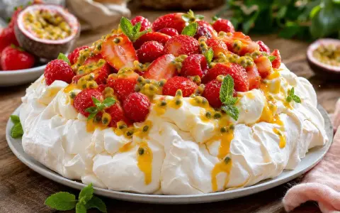 Pavlova aux fruits rouges et fruits de la passion, une recette estivale parfaite.