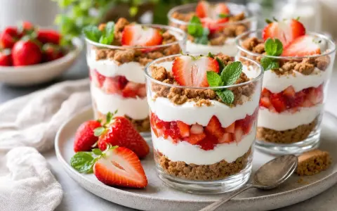 Délicieuse verrine fraise sans mascarpone, superposant fruits rouges, crème légère et crumble croustillant. Parfait pour un dessert frais et fruité.