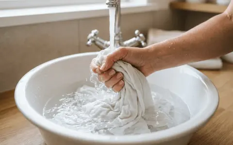 Hand wäscht ein weißes Tuch in einer Spüle, um hartnäckige blut flecken entfernen.