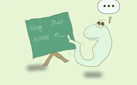 Uroczy stworek uczy się angielskiego: liczba pojedyncza i mnoga. Na tablicy "mouse" i "mice".