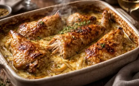 Un déliceux lapin au four, doré et tendre, mijotant dans une sauce crémeuse aux herbes.
