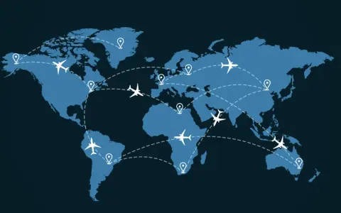 World map with flight paths connecting continents. Discover the best time to book international flights to Europe for your next adventure.