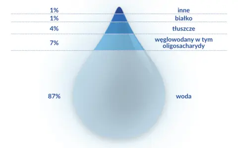 Wykres pokazuje skład mleka matki: 87% wody, 7% węglowodanów, 4% tłuszczów, 1% białka i 1% innych składników. To daje pewne pojęcie, ile kcal ma mleko matki.