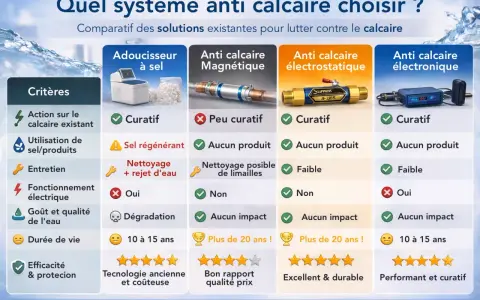 Comparatif des systèmes anti calcaire : adoucisseur à sel, magnétique, électrostatique et électronique. Lequel choisir pour une eau sans calcaire ?