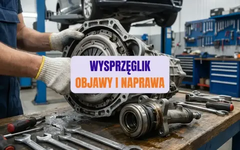 Mechanik trzyma skrzynię biegów, na stole leżą klucze. Widoczny wysprzęglik centralny, objawy i naprawa.