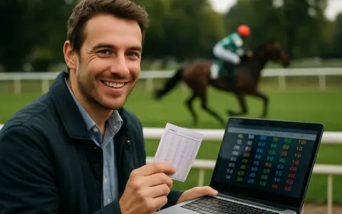 Homme souriant avec un ticket de pari et un ordinateur portable, regardant les cotes cheval en arrière-plan d'une course.