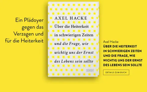 Buchcover von Axel Hacke mit Sonnensymbolen und dem Titel "Über die Heiterkeit in schwierigen Zeiten".