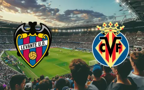 Emblematy Levante i Villarreal na tle stadionu pełnego kibiców. Zapowiada się emocjonujący mecz!