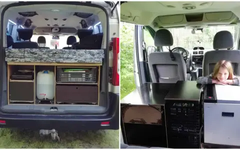 Wnętrze kampera Citroen z łóżkiem, kuchenką, zbiornikiem wody i lodówką. Dziewczynka odpoczywa przy lodówce.