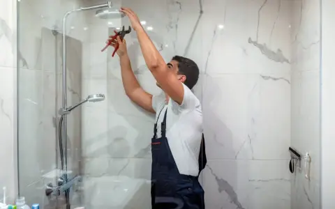 Instalator w granatowym ogrodniczkach dokręca słuchawkę prysznicową. Biały montaż w nowoczesnej łazience.