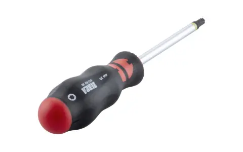 Destornillador Torx con mango ergonómico negro y rojo, parte de los diversos tipos de destornilladores.