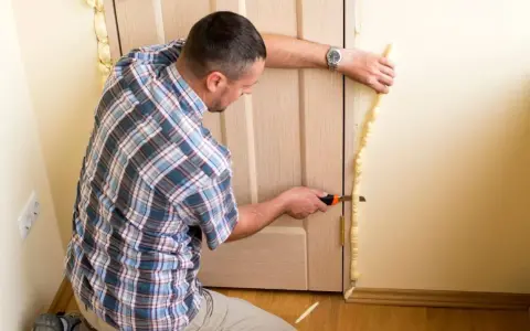 Hombre corta poliuretano expandido sobrante alrededor de un marco de puerta.