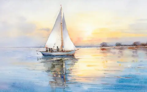 Aquarelle d'un bateau à voile au coucher du soleil. Une scène paisible, facile à reproduire pour les amateurs d'aquarelle.