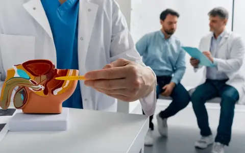 Lekarz pokazuje na modelu prostatę, omawiając jej wielkość i potencjalny guz. Dwóch mężczyzn w tle rozmawia.