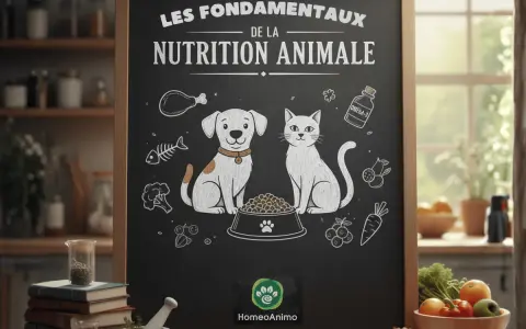 Tableau noir sur la nutrition animale, avec un chien et un chat devant un bol de croquettes. Idéal pour un repas pour chien équilibré.