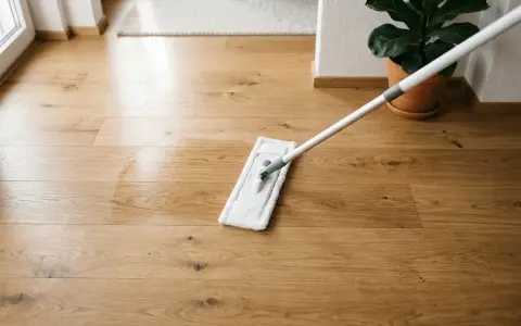 Ein Wischmopp reinigt einen glänzenden Holzboden. Das Laminat erstrahlt nach der Reinigung.