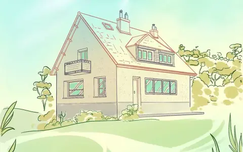 Un dibujo de una casa con balcón, rodeada de árboles y vegetación, bajo un cielo claro.