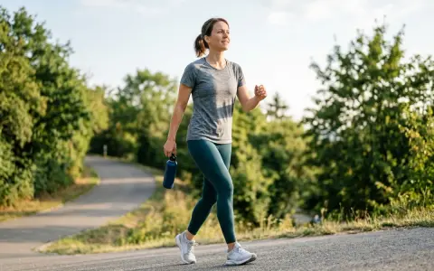 Frau genießt **incline walking** auf einem asphaltierten Weg, umgeben von grünen Bäumen. Sie hält eine Wasserflasche in der Hand.