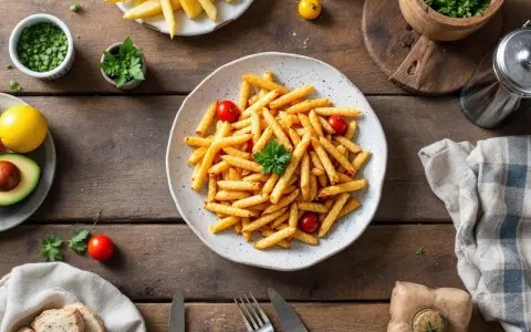 En tallrik med pommes frites, körsbärstomater och persilja. Enkel och billig mat som passar alla.