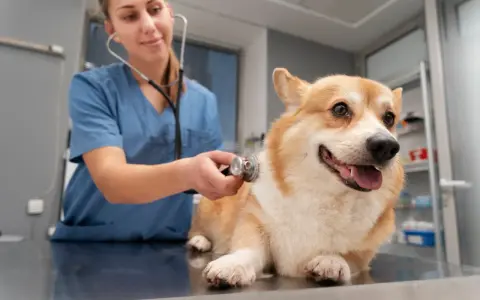 Weterynarz osłuchuje corgi. Czy do weterynarza trzeba się umawiać? Zazwyczaj tak, aby zapewnić pupilowi najlepszą opiekę.