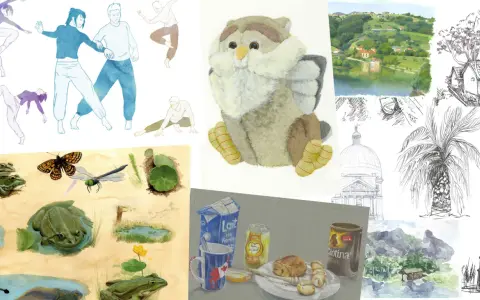 Un livre de dessin présente des aquarelles de danseurs, de grenouilles, d'un hibou en peluche, d'un paysage, d'une maison dans un arbre, d'une palme, d'une coupole et de la tour de Pise.
