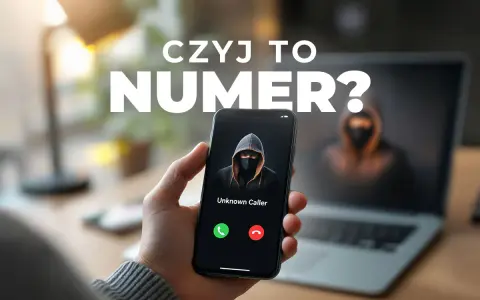 Dłoń trzyma smartfon z ekranem pokazującym nieznanego dzwoniącego. W tle laptop z podobną postacią.