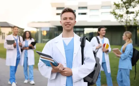 Uśmiechnięty student medycyny z książkami, gotowy na wyzwania studiów psychologicznych. Wymagania są wysokie, ale cel jest jasny.