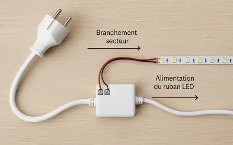 Comment brancher des LED sans prise : un adaptateur blanc relie un câble secteur à un ruban LED.