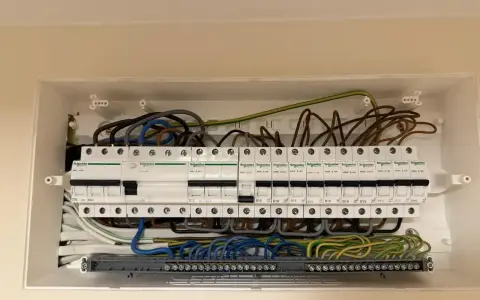 Podłączenie płyty indukcyjnej 400V wymaga precyzji. Widoczny rozdzielacz z zabezpieczeniami Schneider Electric jest kluczowy.
