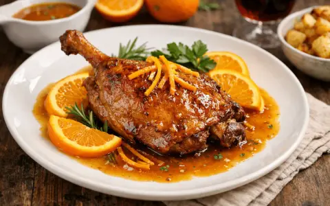Pechuga de pato a la naranja, glaseada y dorada, servida con rodajas de naranja fresca y romero.