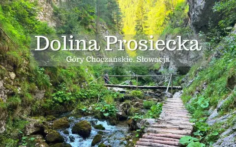 Malownicza ścieżka przez Dolinę Prosiecką w Górach Choczańskich. Drewniany mostek nad potokiem, skalne ściany porośnięte zielenią.