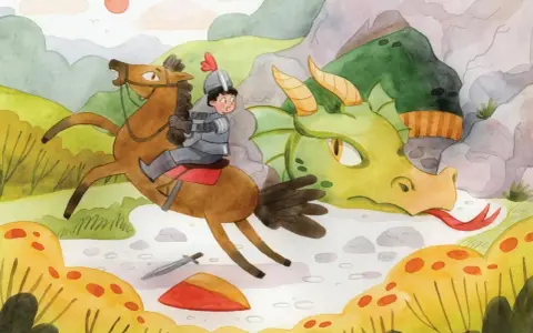 Rycerz na koniu przed zielonym smokiem, obok leżą miecz i tarcza.