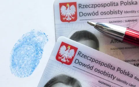 Dwa polskie dowody osobiste, niebieski odcisk palca i czerwone pióro. Dokumenty są kluczowe w procesie uzyskania serii dowodu osobistego.