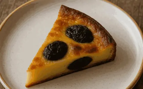 Tranche de far breton, un gâteau moelleux aux pruneaux, sur une assiette blanche.