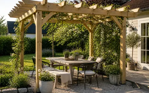 En vacker träpergola inbjuder till avkoppling. Ett runt bord med stolar och en bänk står redo för middagar utomhus.