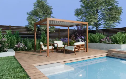 Une belle pergola en bois domine une terrasse en bois, invitant à construire une ambiance de détente près de la piscine.