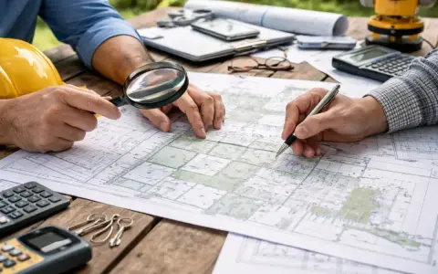 Dwóch mężczyzn analizuje mapę terenową, która przypomina dokumentację **ewidencji gruntów i budynków**. Na stole leżą kalkulator, lupa i przybory geodezyjne.