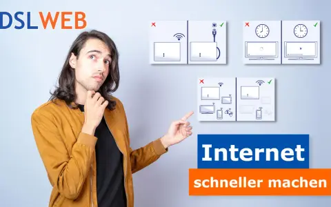 Mann erklärt, wie man das Internet schneller machen kann, indem man Geräte richtig verbindet und überlastete WLAN-Netzwerke vermeidet.