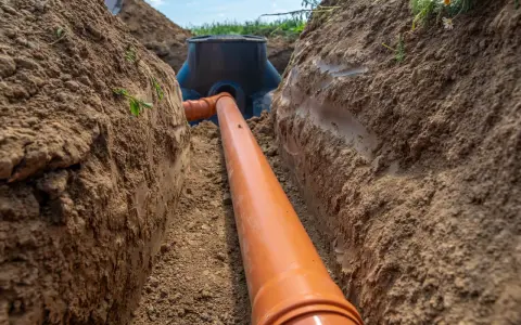 Pomarańczowa rura kanalizacyjna prowadzi do czarnego zbiornika. Trwa podłączenie do istniejącego przyłącza w wykopie.