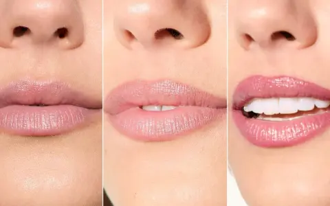 Tres looks de maquillaje de labios: nude, rosa pálido y rosa brillante.