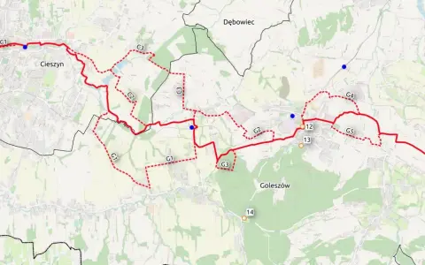 Mapa z zaznaczoną trasą rowerową w okolicach Cieszyna i Goleszowa. Widoczne punkty orientacyjne i oznaczenia szlaków, np. C1, G1.