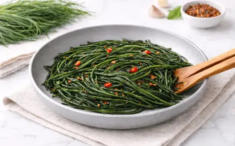 Agretti in padella, un contorno fresco e saporito, condito con aglio e peperoncino.