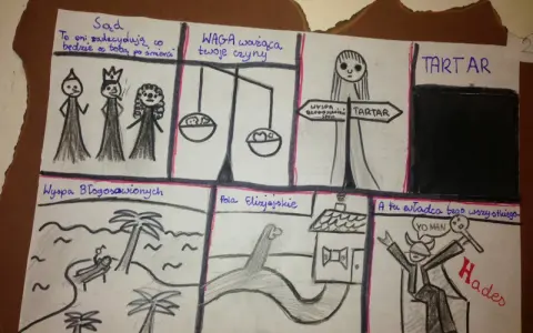 Komiks o Syzyfie: Sąd, waga czynów, rozdroża do Tartaru, Wyspa Błogosławionych, Pola Elizejskie i Hades.