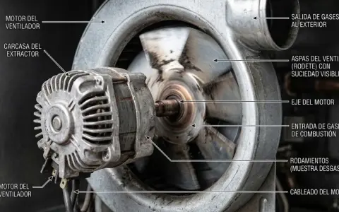 Ventilador de caldera de gasoil con aspas sucias y motor desgastado. El ruido de la caldera puede deberse a estos componentes.