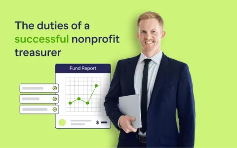 A smiling man in a suit holds a tablet, with a fund report graphic showing growth. He embodies the duties of a successful nonprofit treasurer.