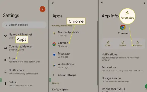 Android-Virus Warnung entfernen: Chrome-App erzwingen. Einstellungen > Apps > Chrome > "Erzwingen beenden".