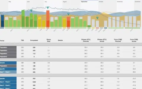 Diagramm zeigt Trainingsphasen, um grundlagenausdauer trainieren. Balken und Linien visualisieren geplante vs. tatsächliche Fitness und Form.