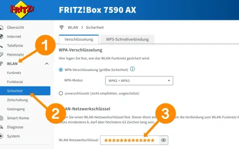Das Bild zeigt die Einrichtung eines WPA2-Passworts für ein FRITZ!Box WLAN. Hier wird erklärt, was ein WPA2-Passwort ist und wie man es festlegt.