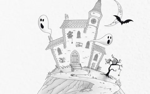 Jak narysować halloween: nawiedzony dom, dwa straszne duszki, nietoperz i księżyc.