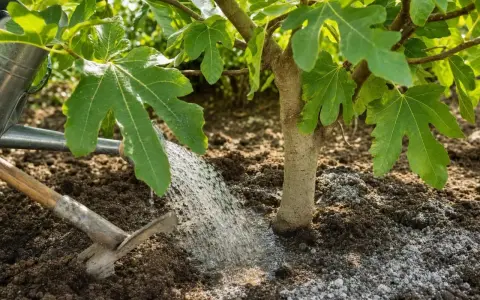 Arrosage d'un jeune figuier avec un engrais naturel pour figuier, à l'aide d'un arrosoir et d'une houe.